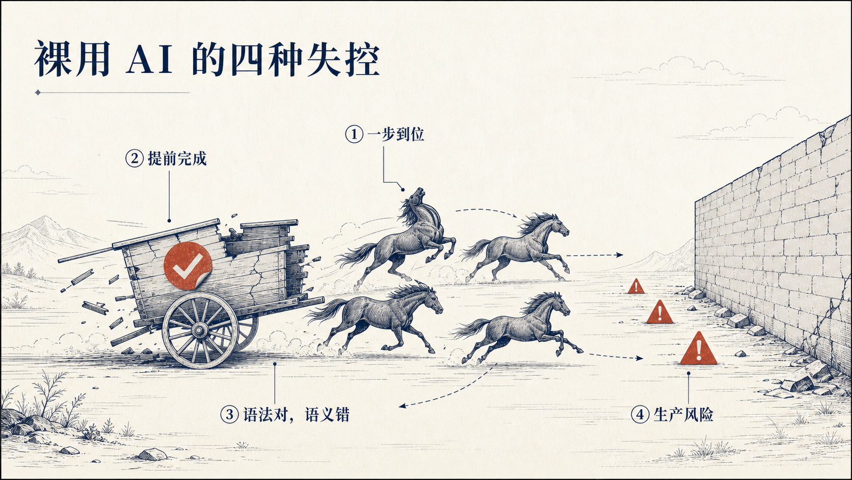 直接放手给 AI 的几种问题：改动扩散、提前完成、语义偏差与操作风险