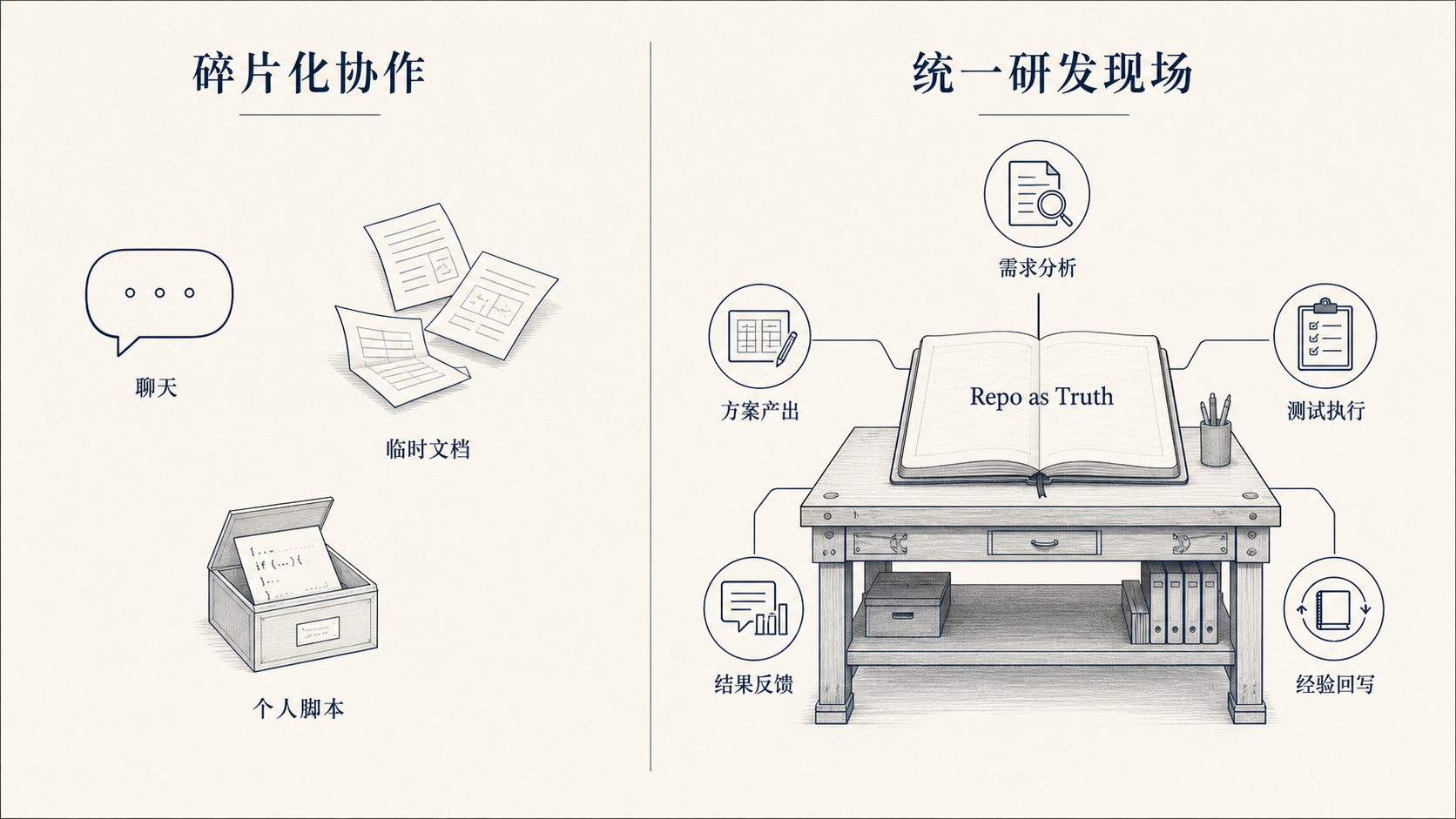 从分散的聊天、文档和终端，走向可以执行和验证的统一研发现场